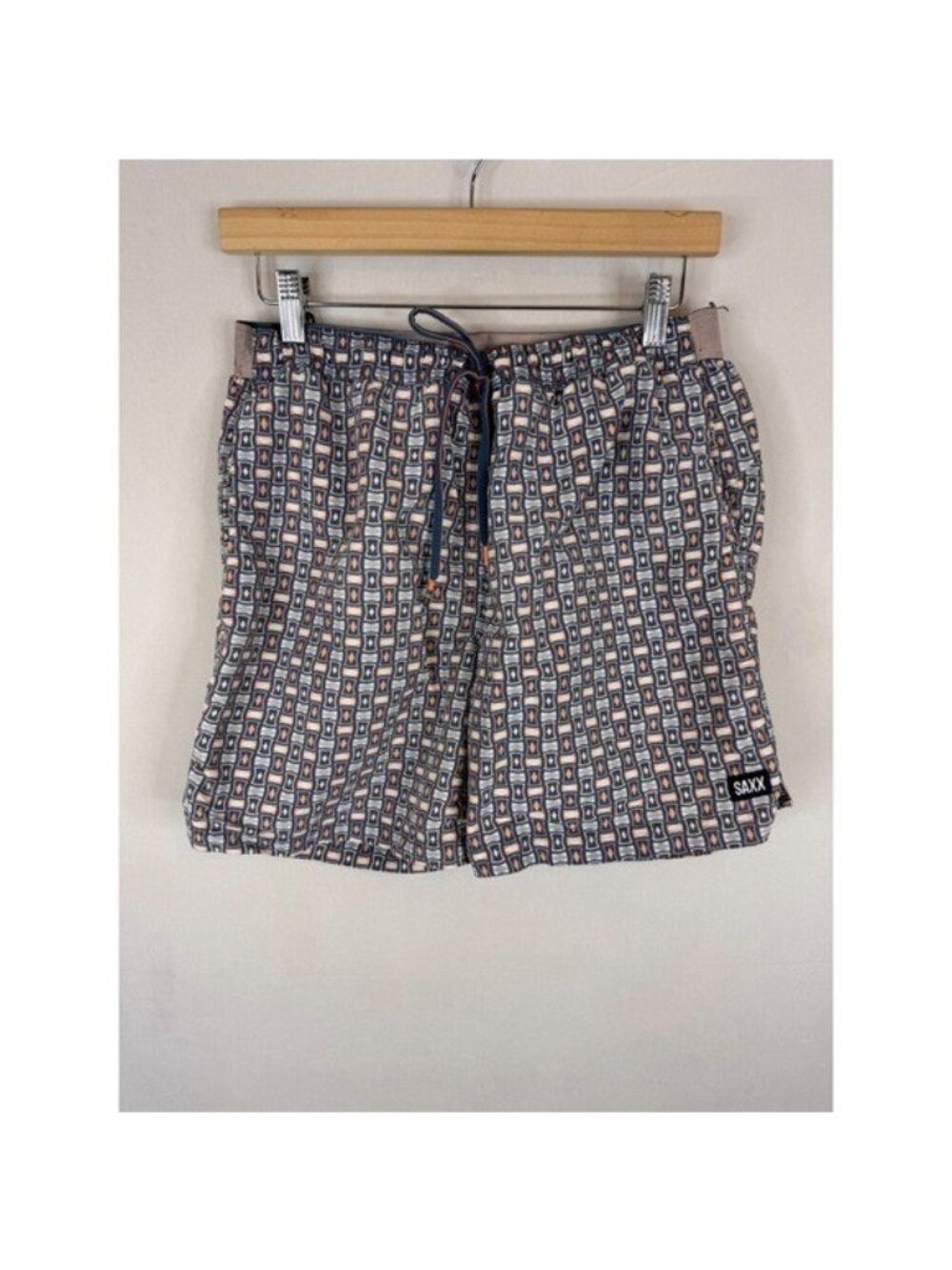 Saxx Cannonball 2N1 Swim Shorts Mens M Blue Orange Geometric Pouch Liner 7in